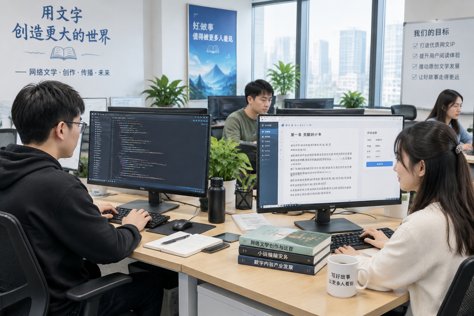20 Years of Wuxia Web Novels: How Chinese Online Literature Reshaped the Jianghu 22 Chinese web novel company office with employees working on platform development and content management, technology-driven industry
