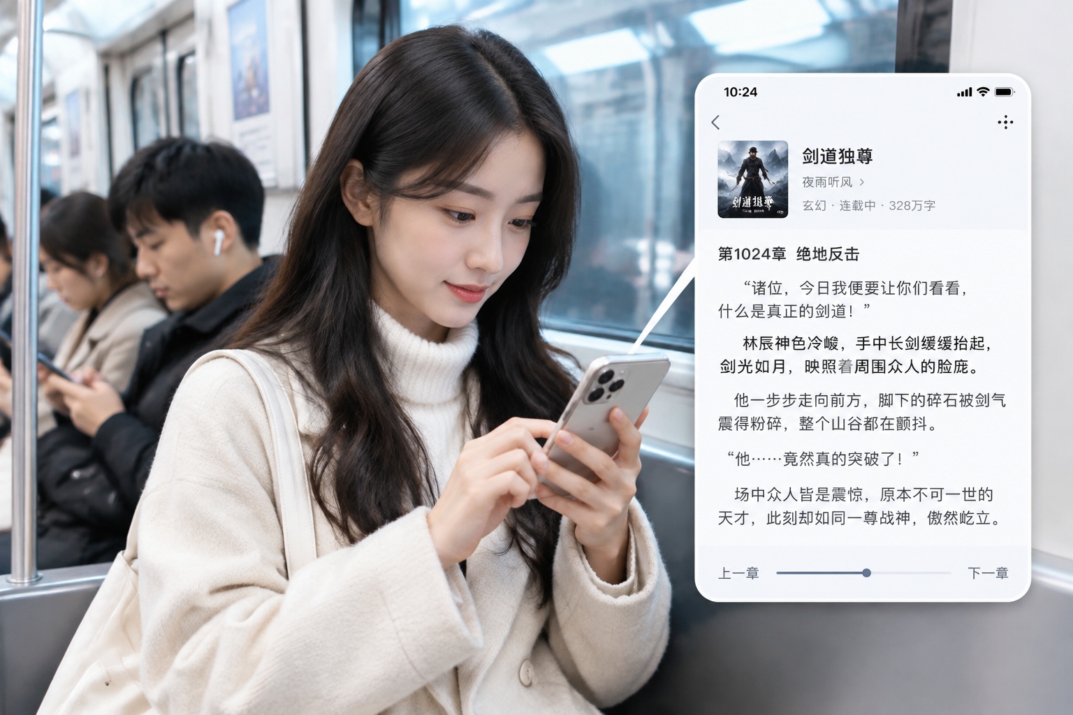 20 Years of Wuxia Web Novels: How Chinese Online Literature Reshaped the Jianghu 23 Chinese woman reading wuxia web novel on smartphone during subway commute, daily digital reading habit