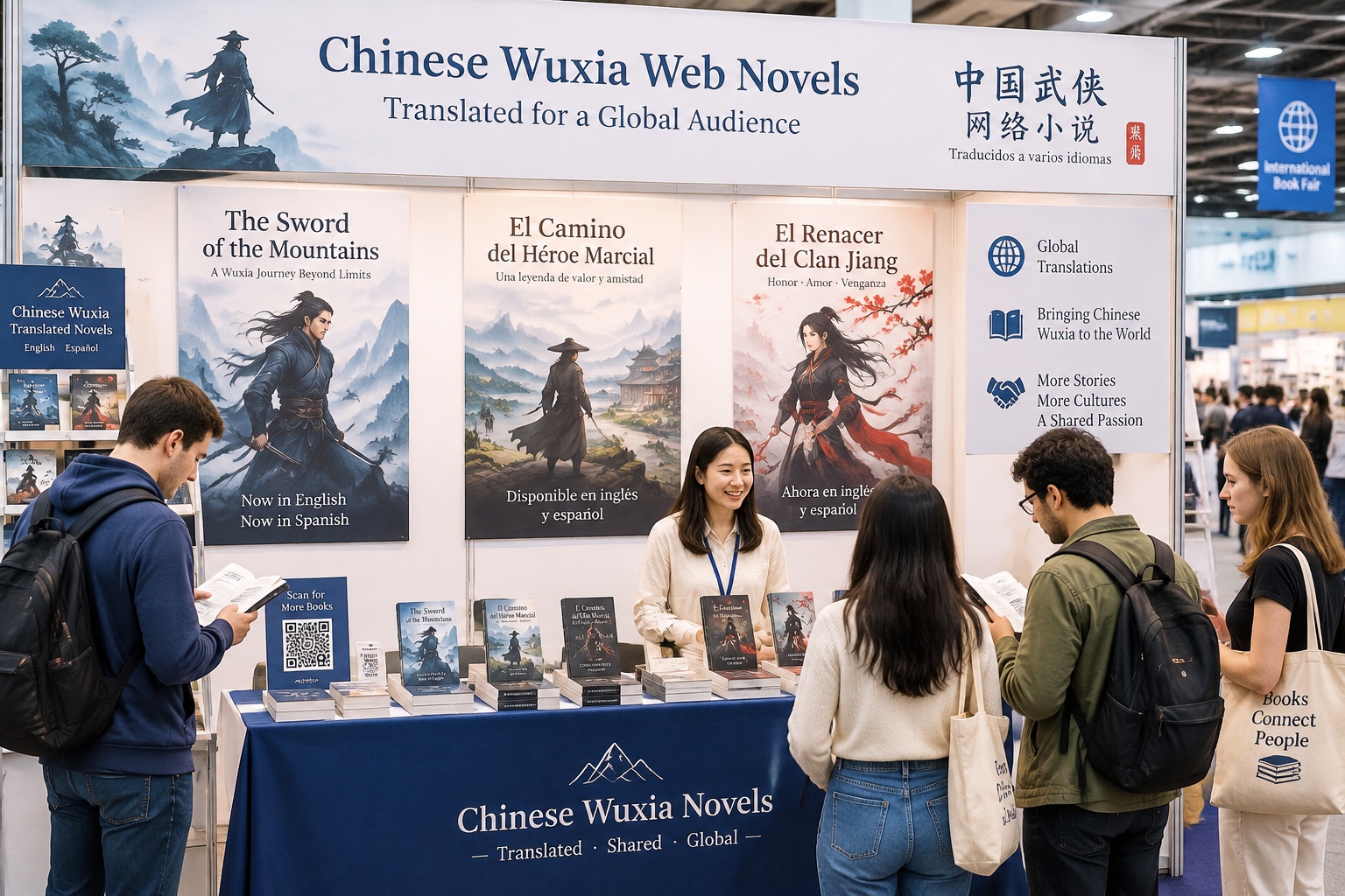 20 Years of Wuxia Web Novels: How Chinese Online Literature Reshaped the Jianghu 25 International book fair booth showcasing translated Chinese wuxia web novels in English and Spanish, global reading trend