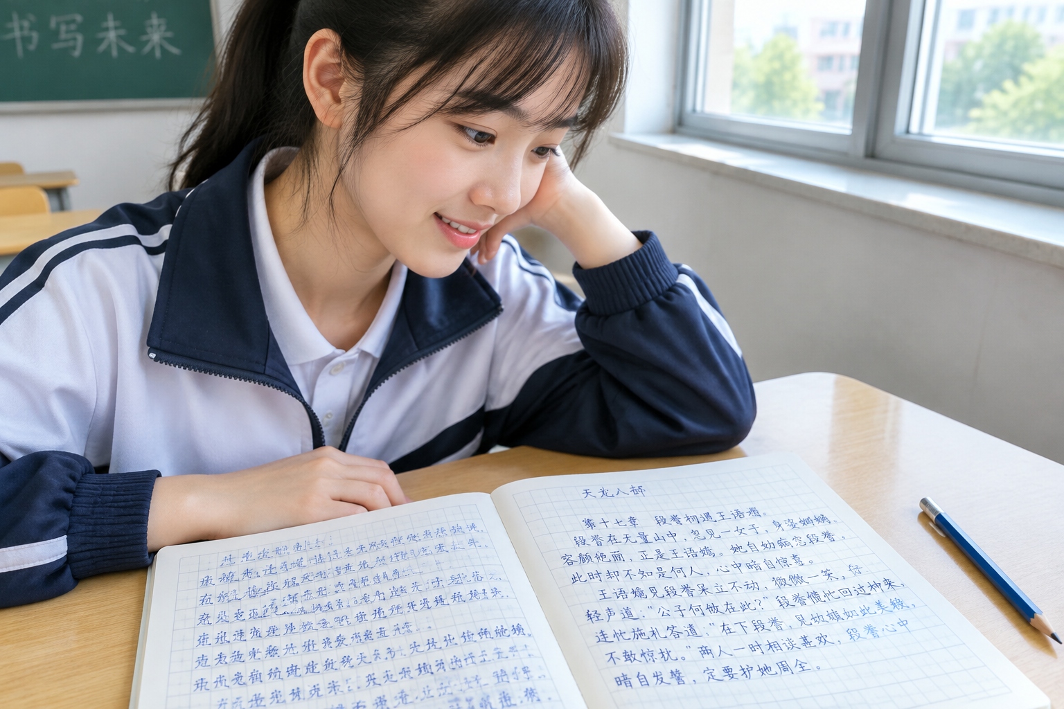Close-up of a Chinese middle school exercise book with handwritten wuxia novel on the back pages