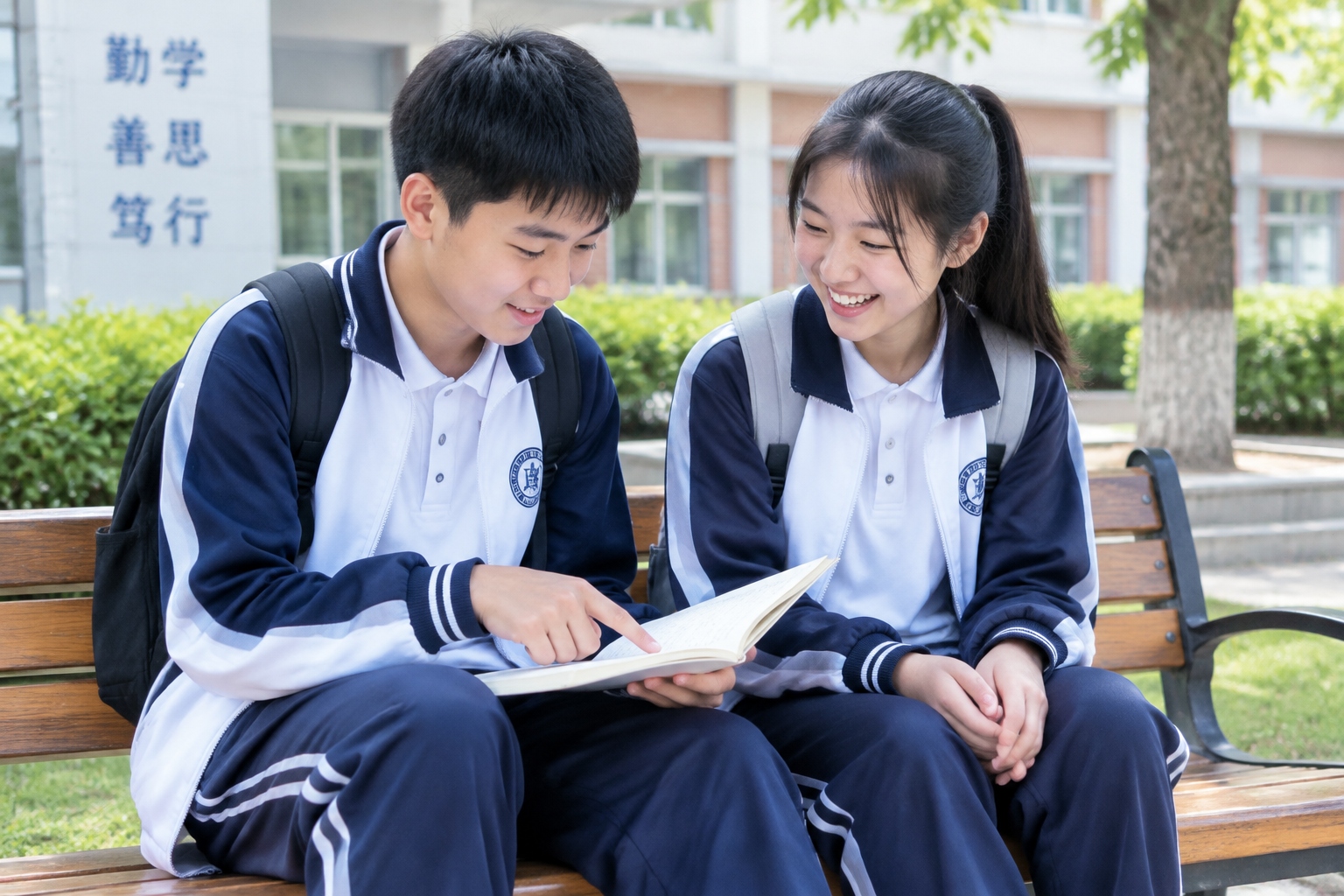 Two Chinese middle school students reading and discussing a handwritten wuxia story on a notebook during school break