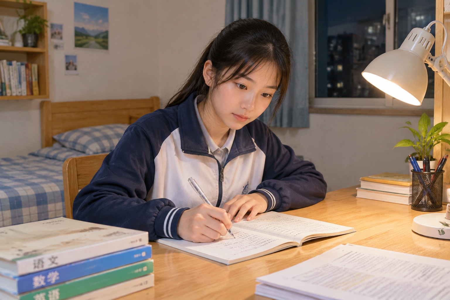 A Chinese teenager writing a wuxia story in a notebook at night under a desk lamp