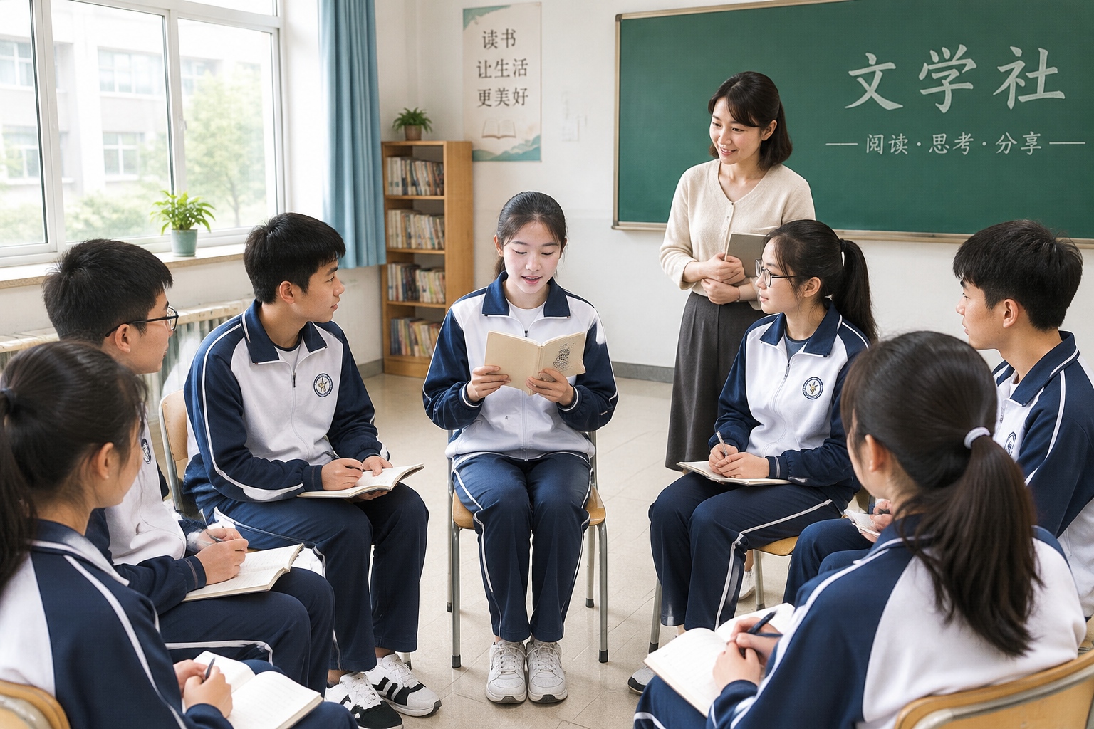 Chinese middle school students in a literary club meeting, sharing their wuxia and fantasy stories