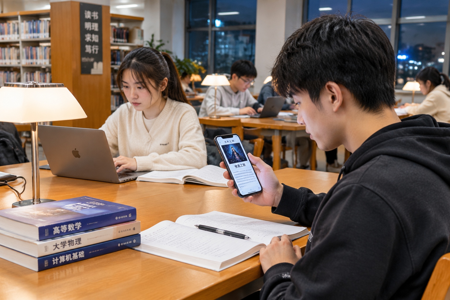 Chinese university students study at night in a library while one checks a web novel on a phone