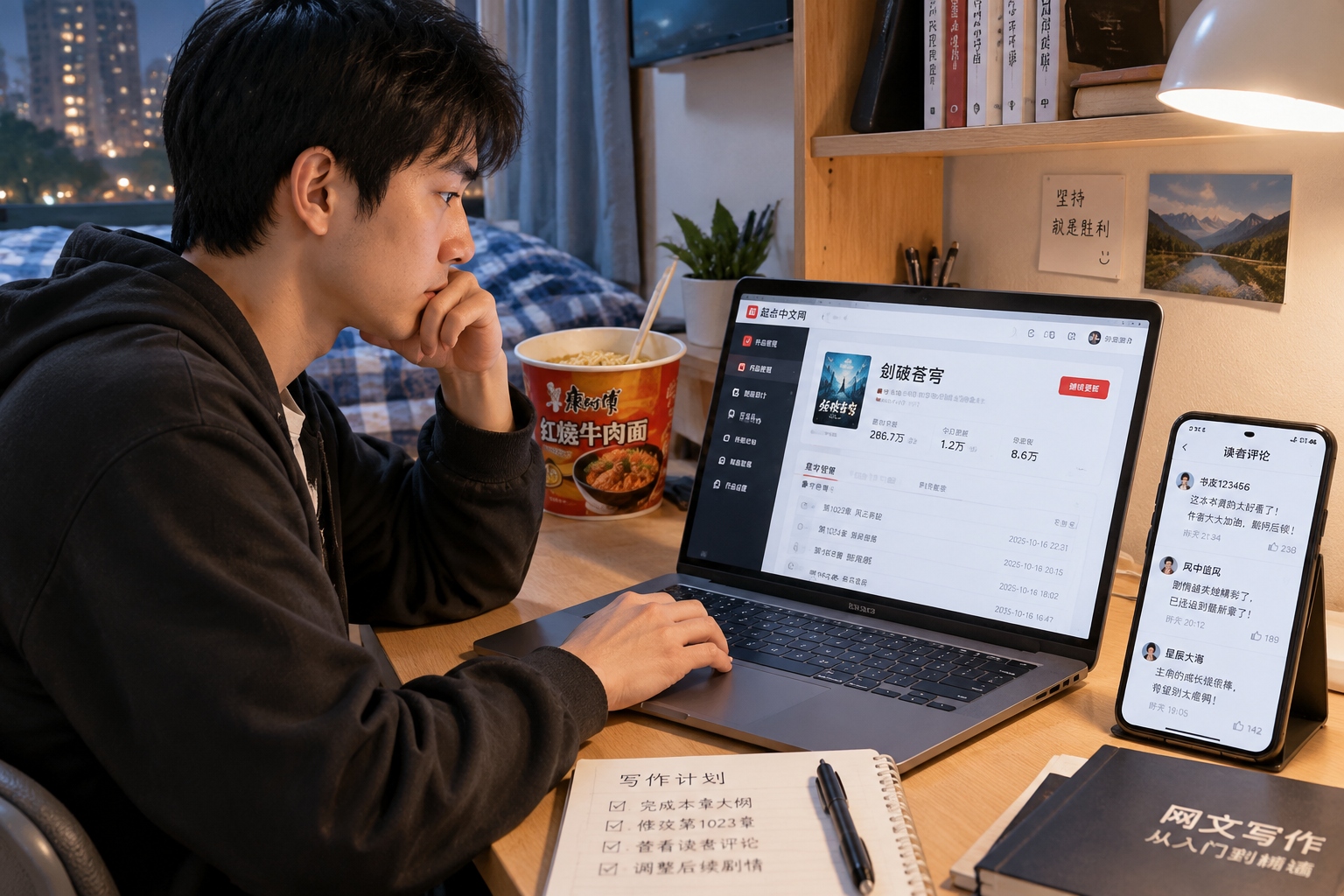 A Chinese web novelist works late at a small desk with a laptop, notebooks and instant noodles