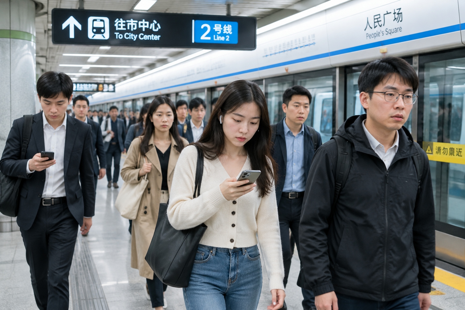 Young commuters walk through a busy Chinese metro station during rush hour while checking their phones