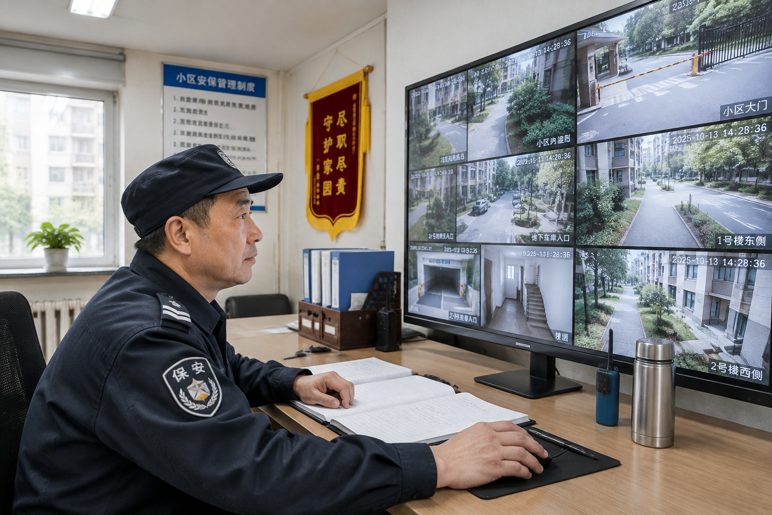 A security guard in a Beijing residential compound monitoring multiple CCTV camera feeds on a wall of screens