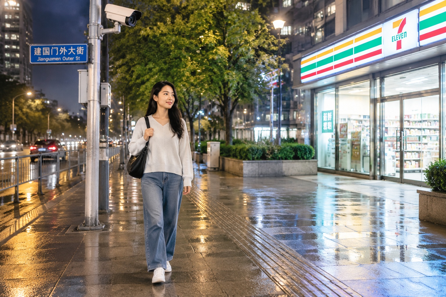 A young woman walking alone at night on a well-lit Beijing street with a traffic camera mounted on a pole above