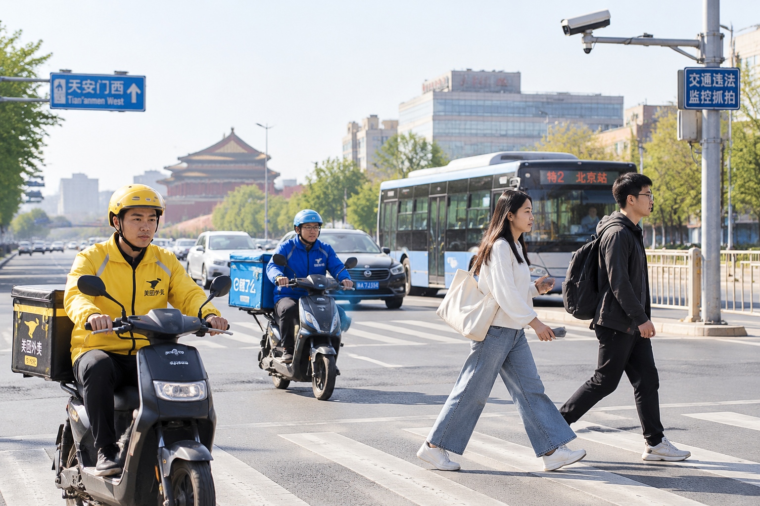 A busy Beijing intersection in the morning with delivery riders, pedestrians, and a traffic camera mounted above the crosswalk