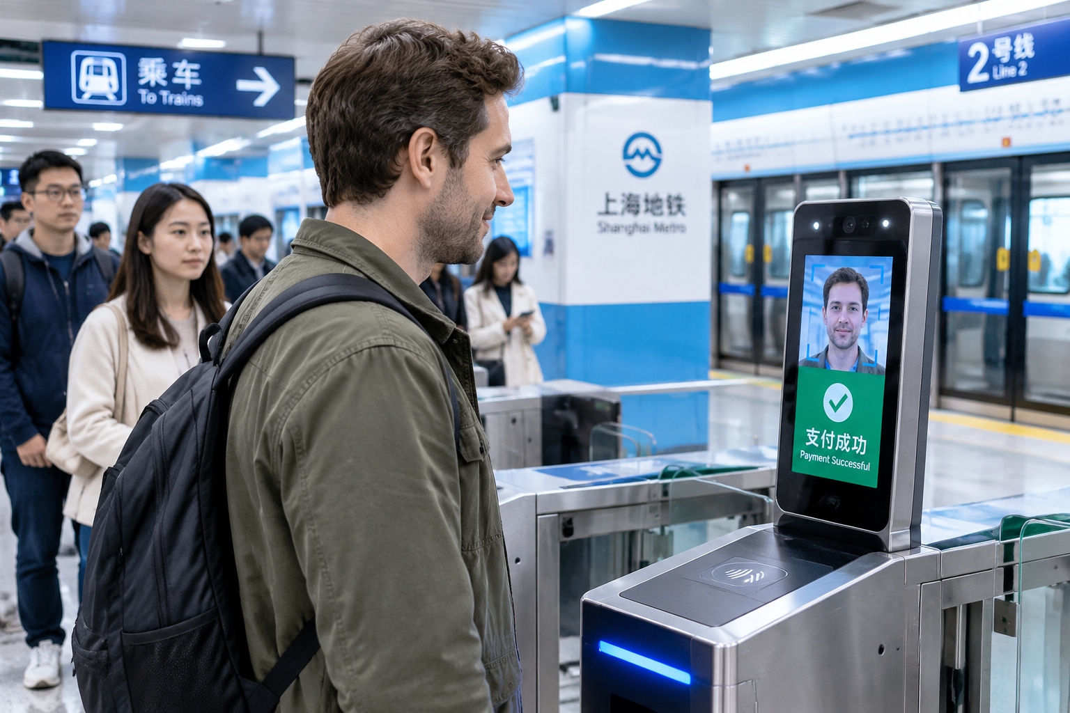 American tourist using facial recognition to enter Shanghai metro station, turnstile opening