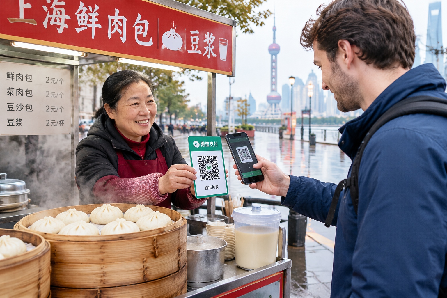 Street vendor showing QR code for payment to American tourist buying breakfast in Shanghai