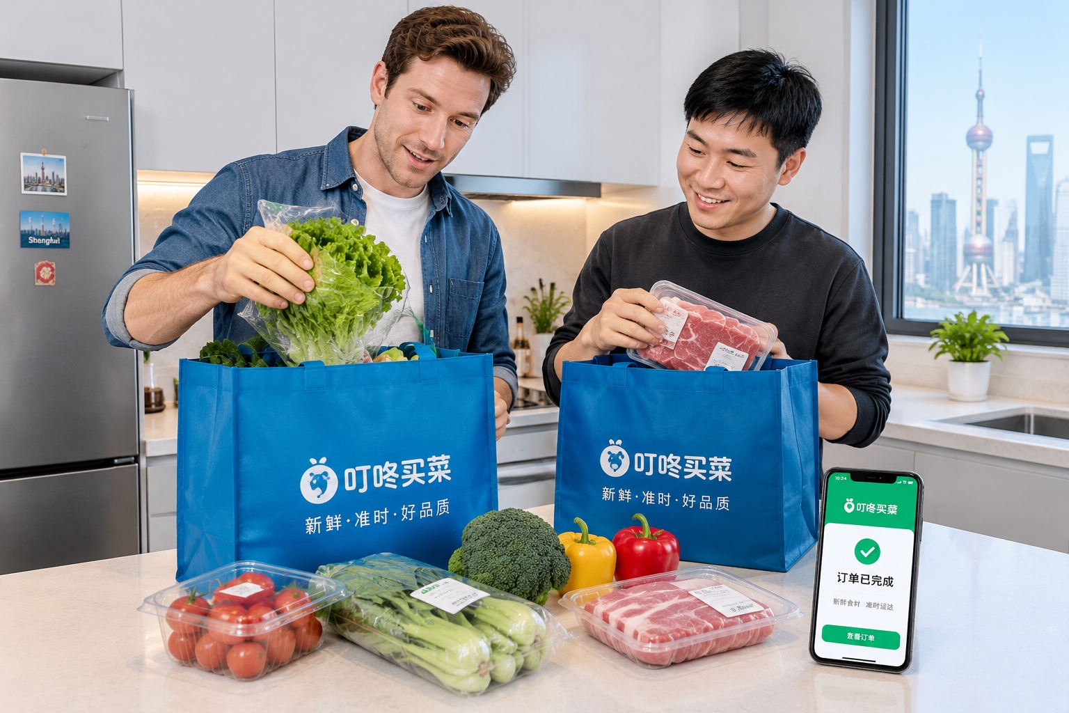 American tourist and Chinese friend unpacking grocery delivery from Dingdong Maicai app in Shanghai apartment kitchen