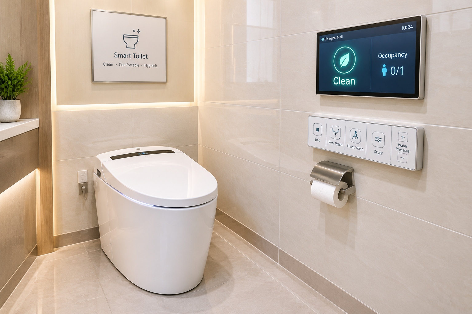 Smart toilet with English control panel and cleanliness display in a Shanghai mall public restroom