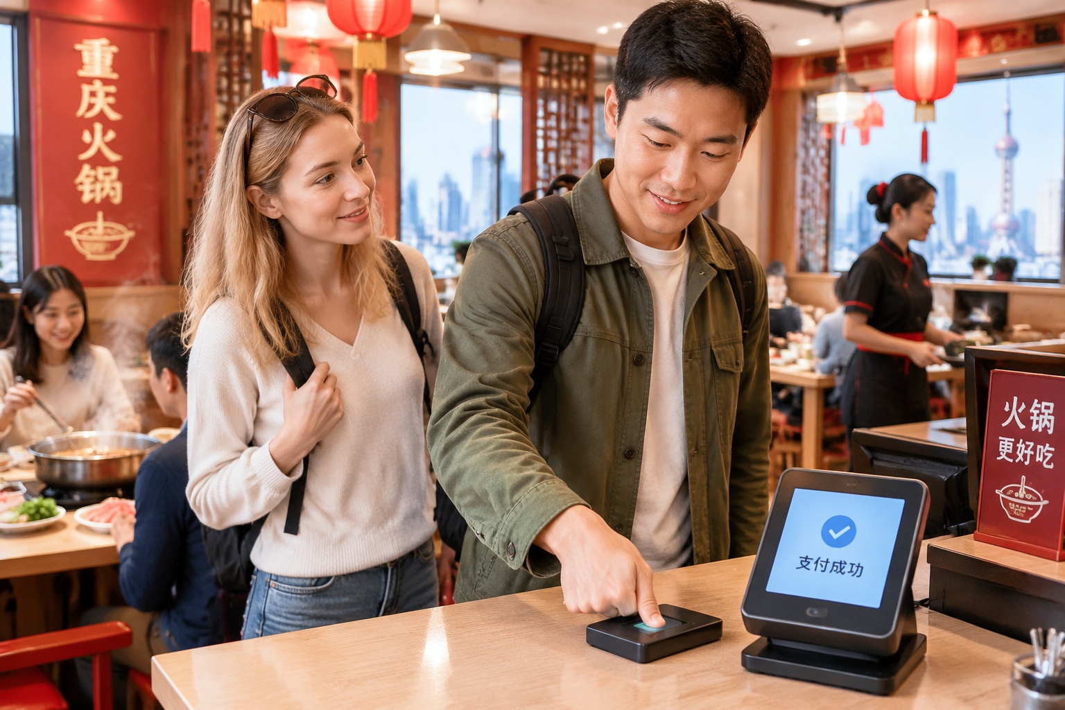 Chinese man paying for hotpot dinner with fingerprint sensor in Shanghai restaurant, American tourist watching