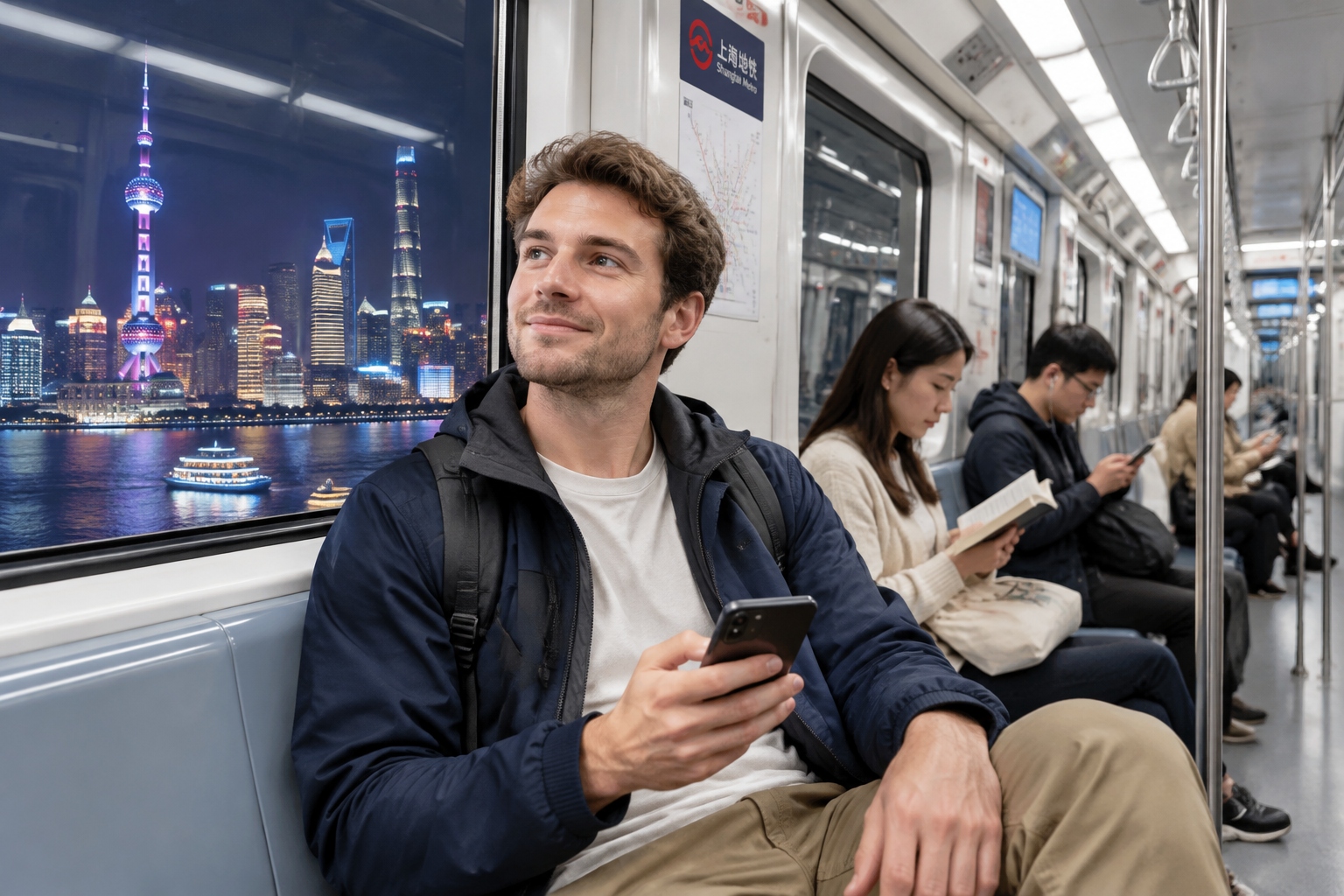 American tourist on Shanghai metro at night, reflecting on a day full of tech experiences