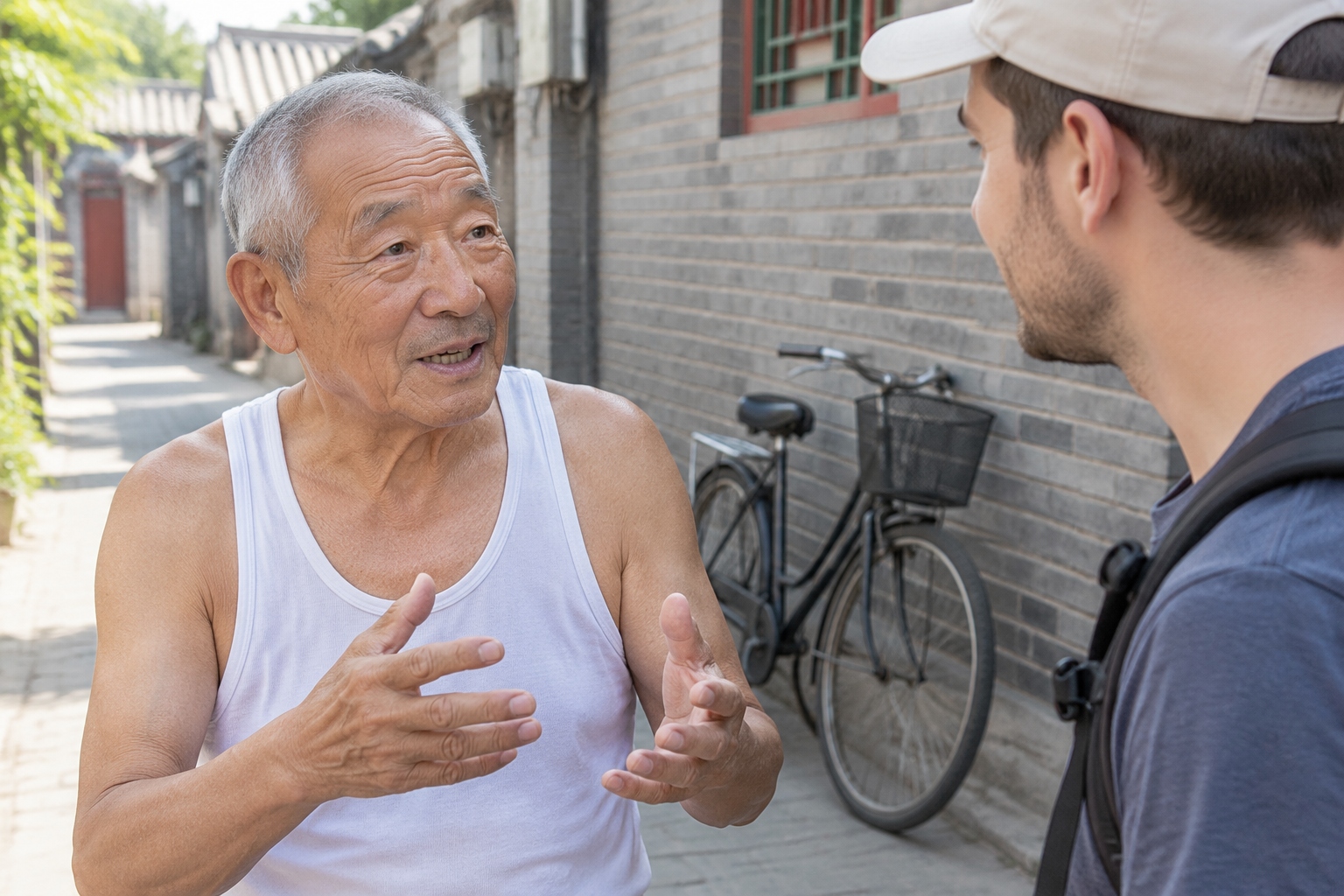 Elderly man in Beijing hutong speaking English to a foreign tourist