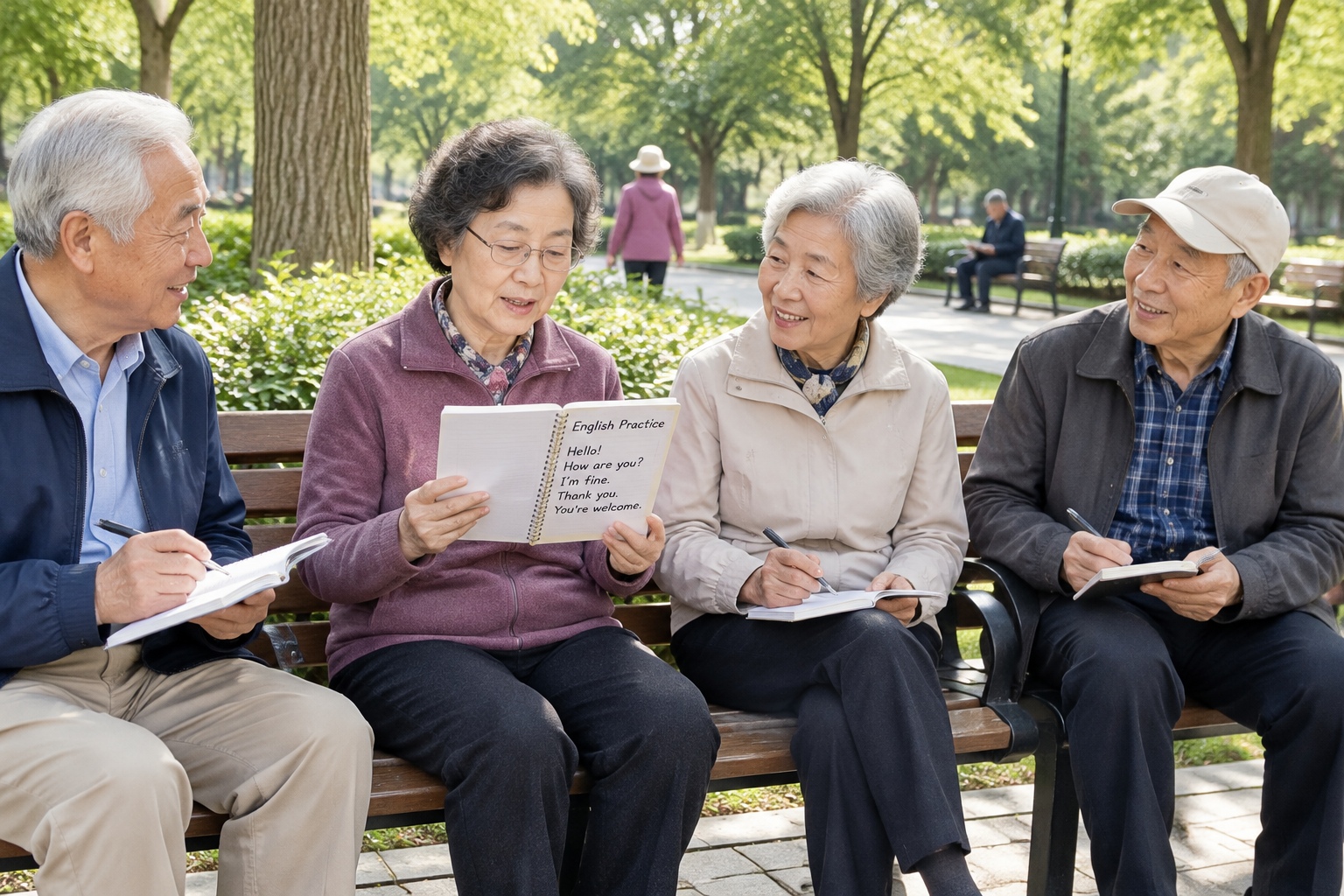 Senior citizens in Beijing park English corner practicing English
