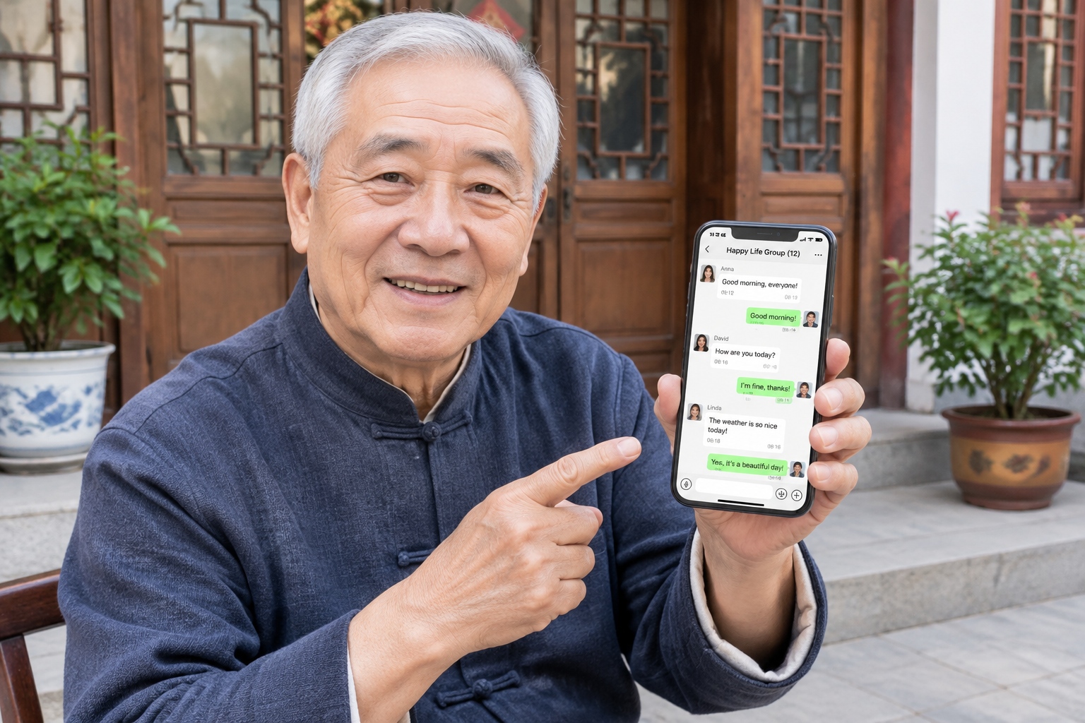 Old man in Beijing hutong using WeChat English learning group on smartphone