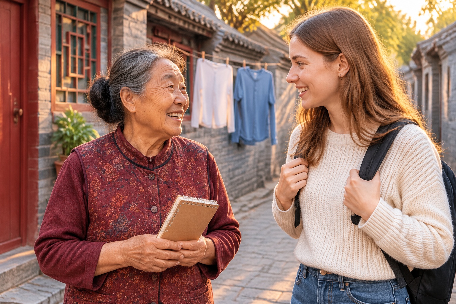 Chinese grandmother speaking English to a young foreign woman in Beijing hutong