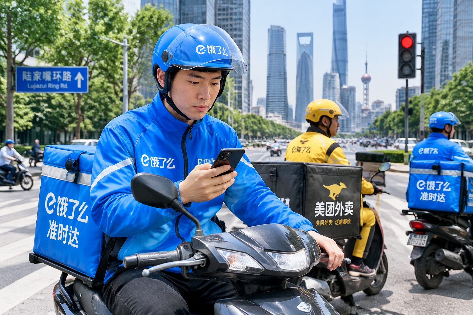 Chinese food delivery riders on electric scooters waiting at a traffic light in downtown Shanghai during the lunch rush