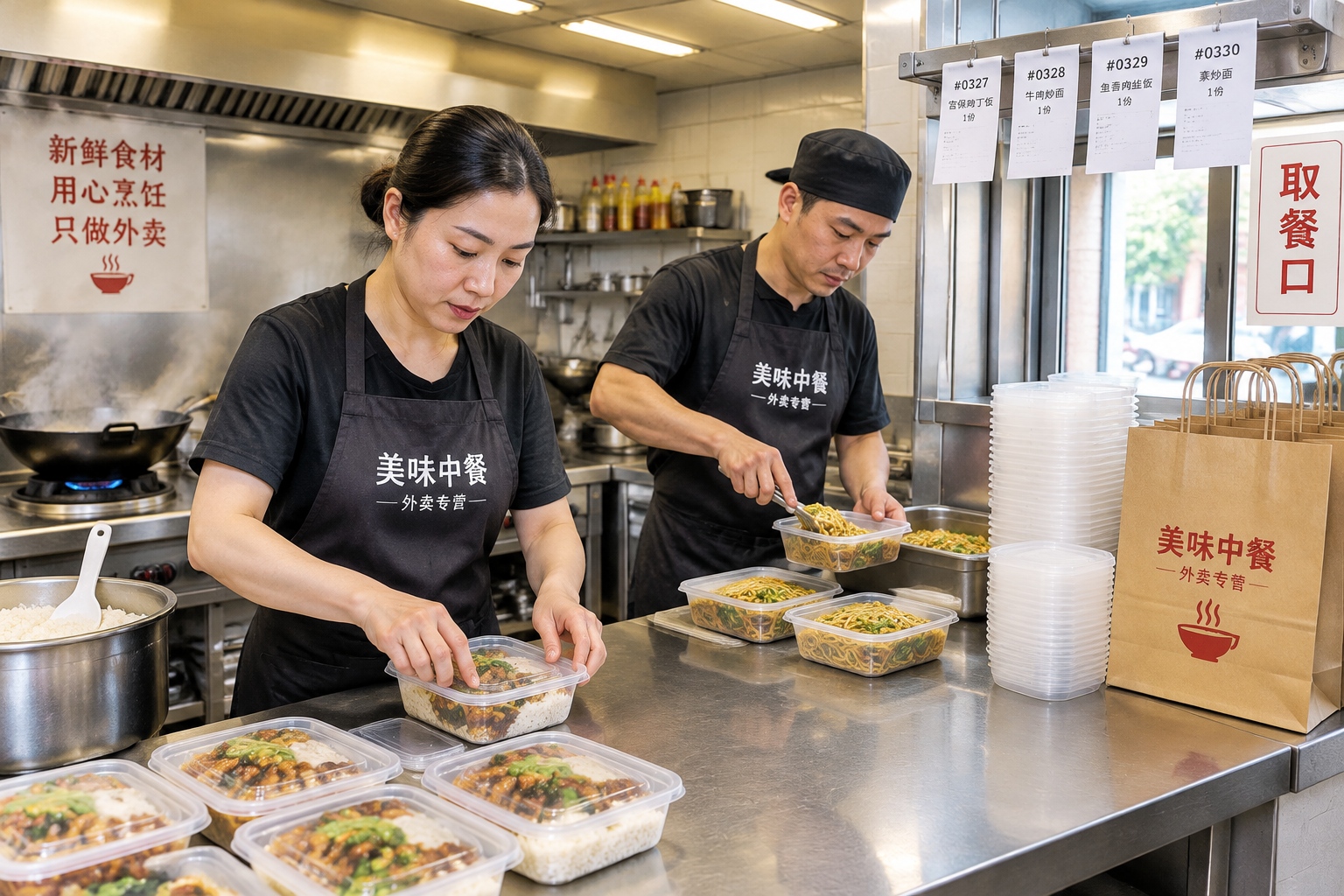 Cooks packing sealed takeaway containers in a small Chinese delivery-only kitchen during the lunch peak