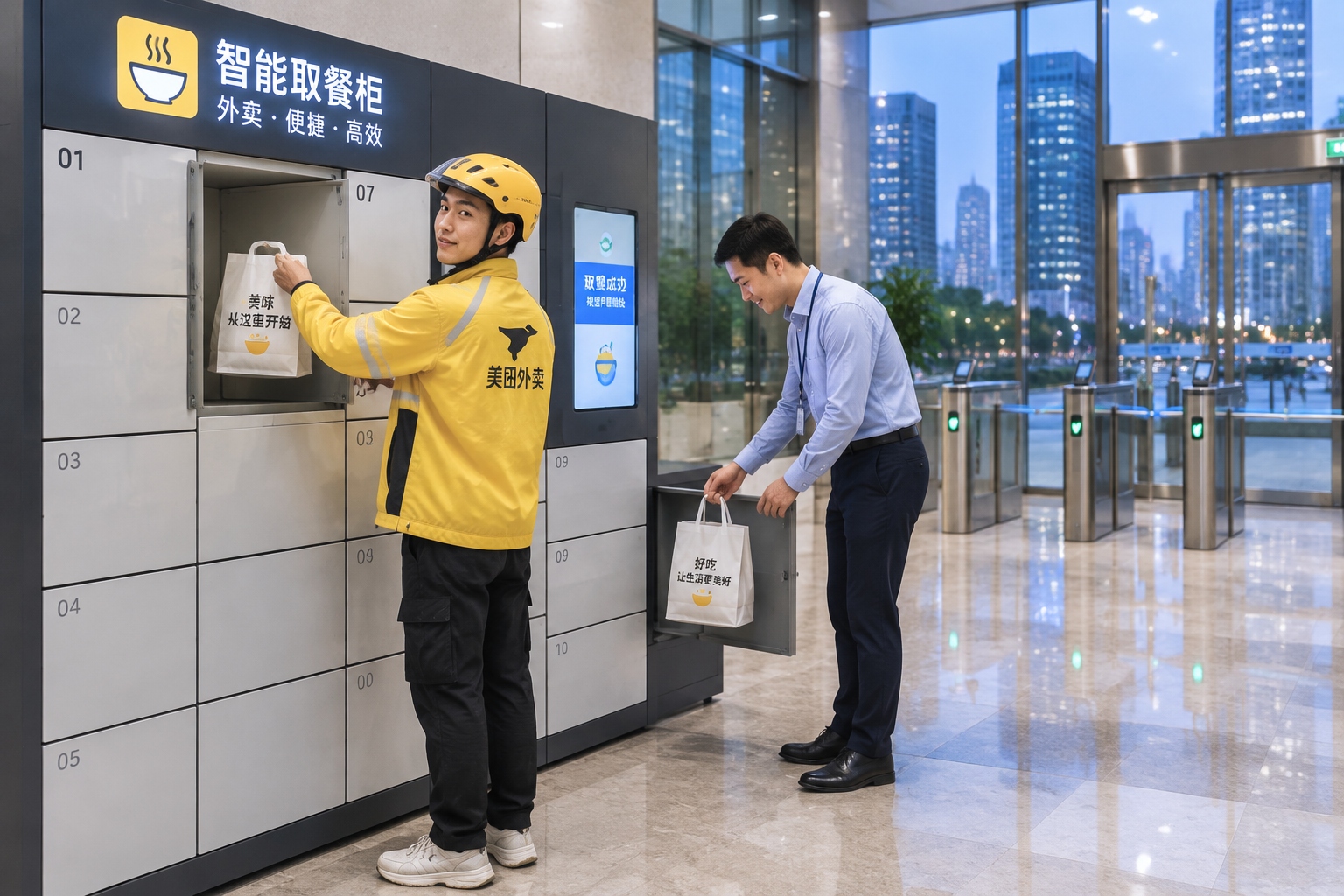 Delivery rider placing a takeaway bag into a smart pickup locker in a Chinese office tower lobby as an office worker collects another order
