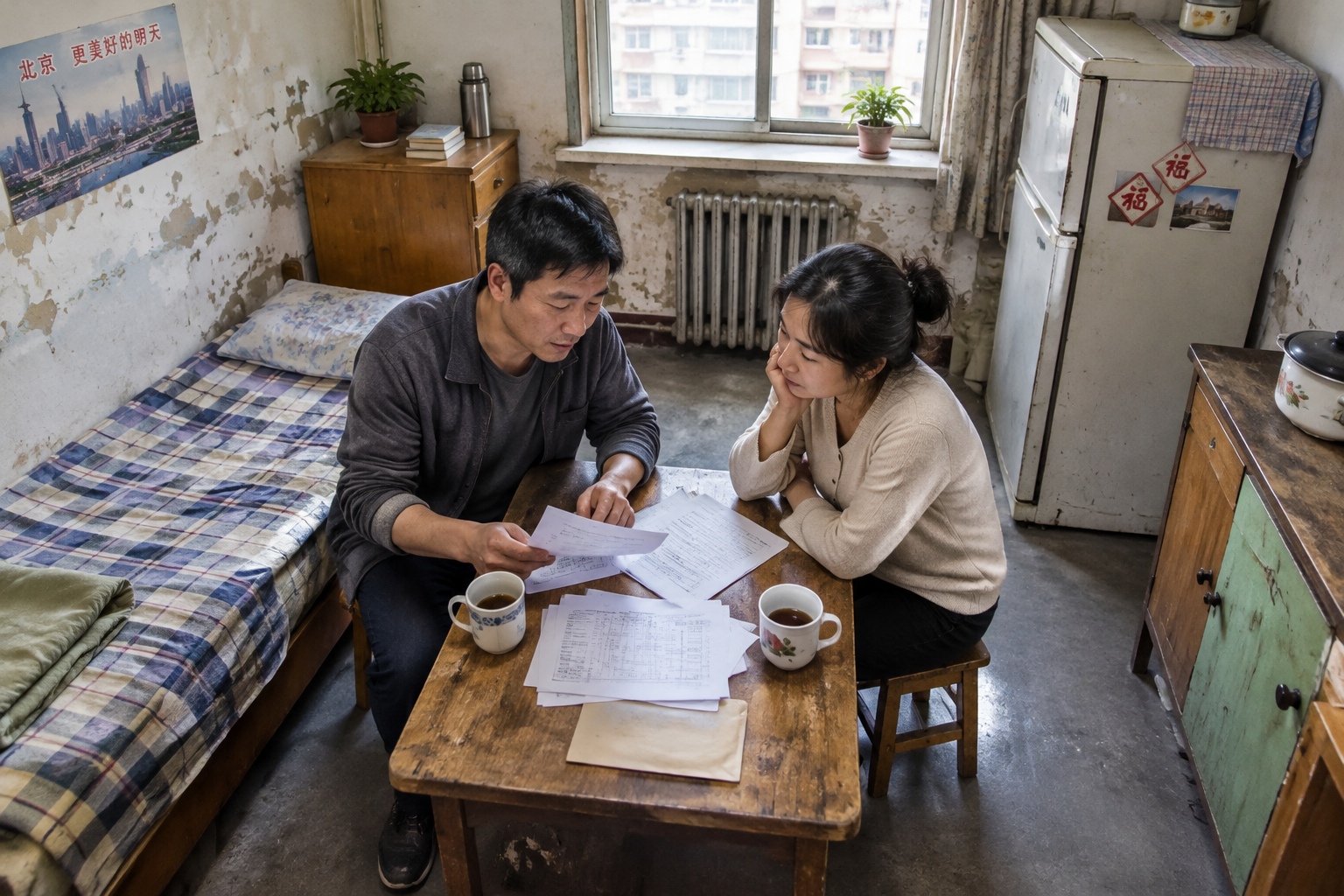 A young Chinese couple sitting in a small old apartment in Beijing, looking at documents, illustrating the sacrifice for a school district home