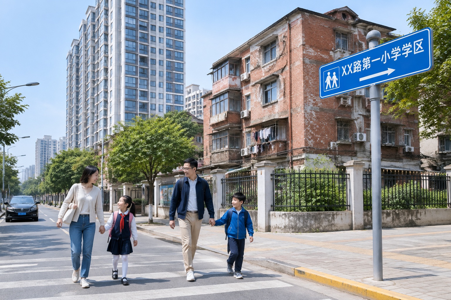 Street scene in Shanghai showing a modern high-rise next to an old building designated as a school district for a top primary school