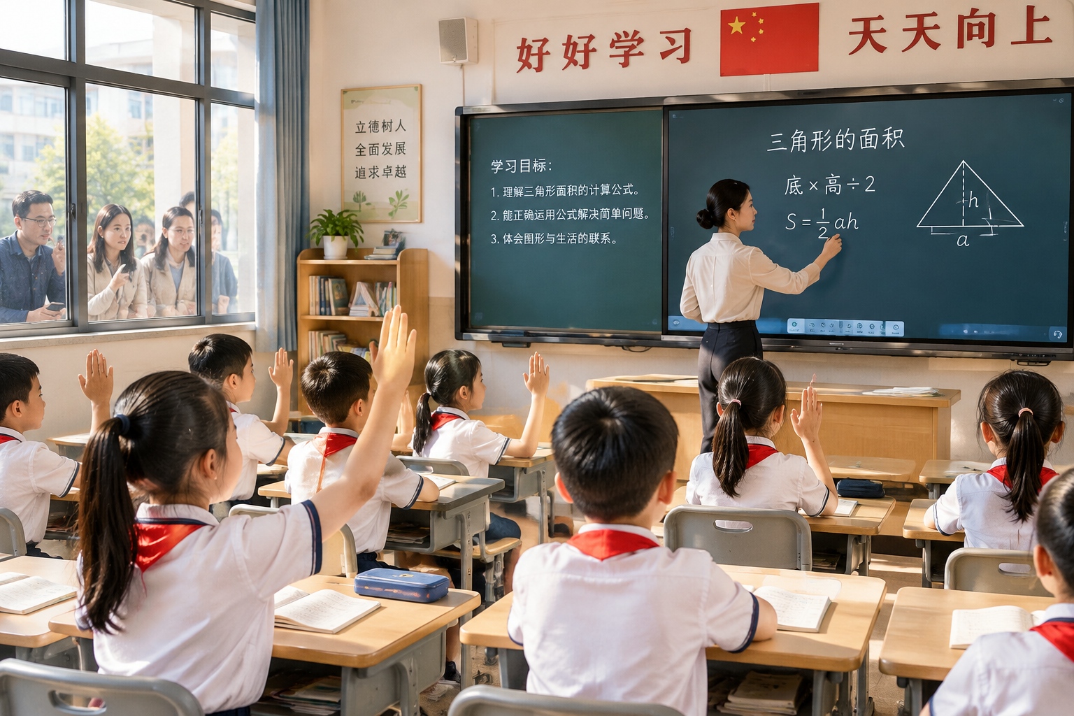 Chinese primary school classroom with students raising hands and parents looking in through the window, showing the weight of educational competition