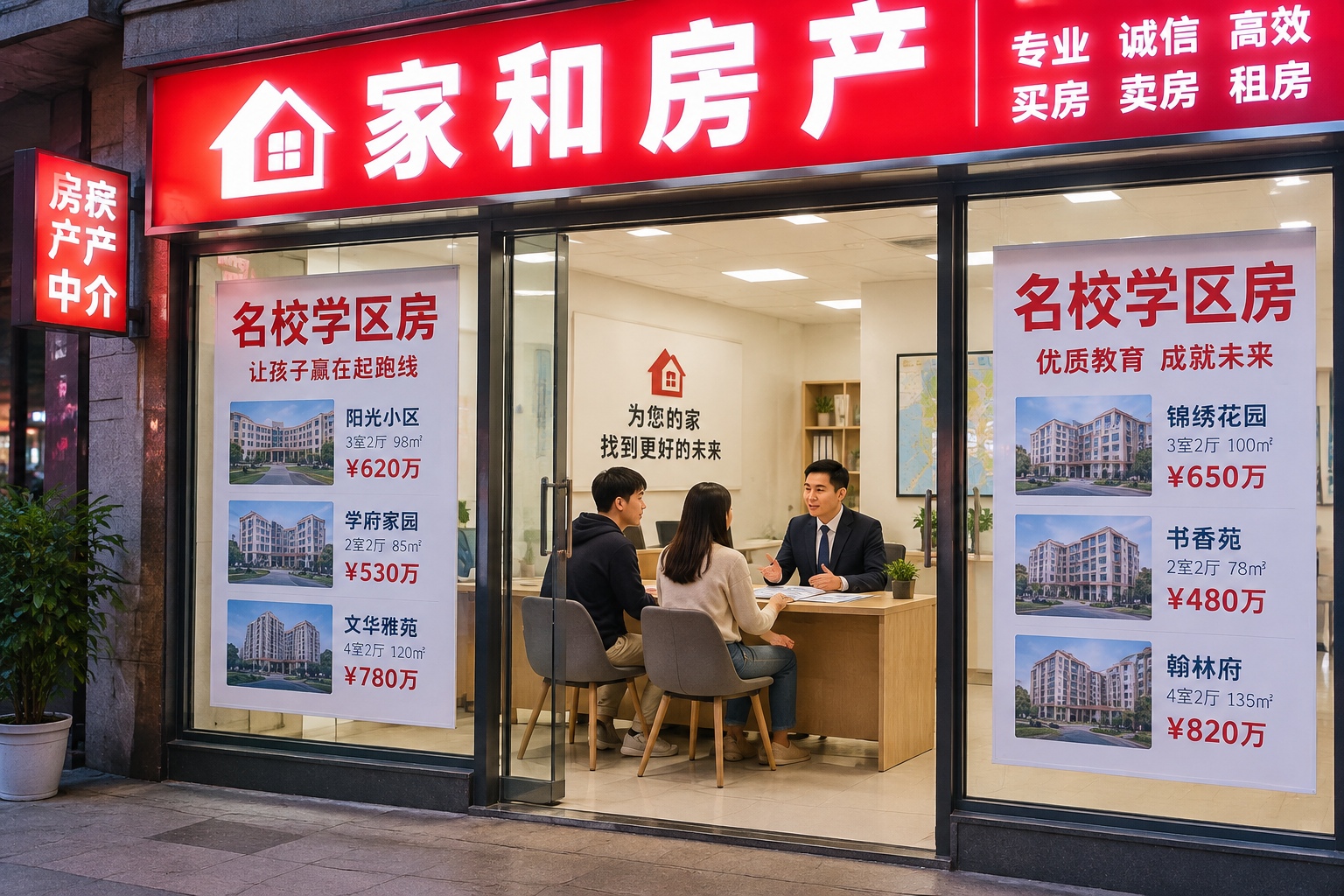 Night view of a real estate agency in China advertising school district properties for famous schools, with a couple consulting an agent