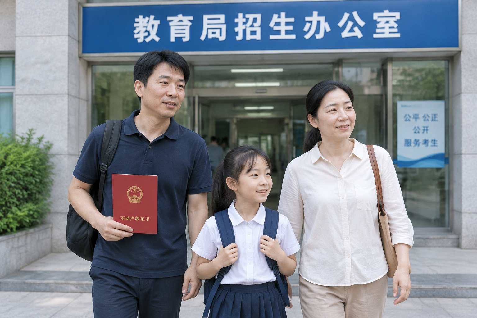 A Chinese family leaving a government education office after finalizing a school district property purchase, showing mixed emotions of relief and exhaustion