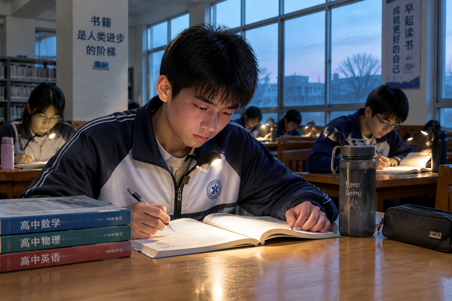 Chinese high school student studying in library before dawn using a clip-on flashlight