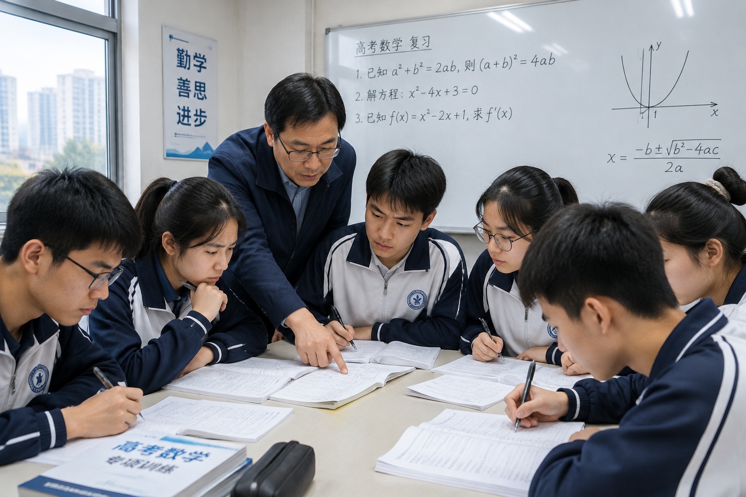 Chinese high school students in a small cram school class with a teacher reviewing math problems