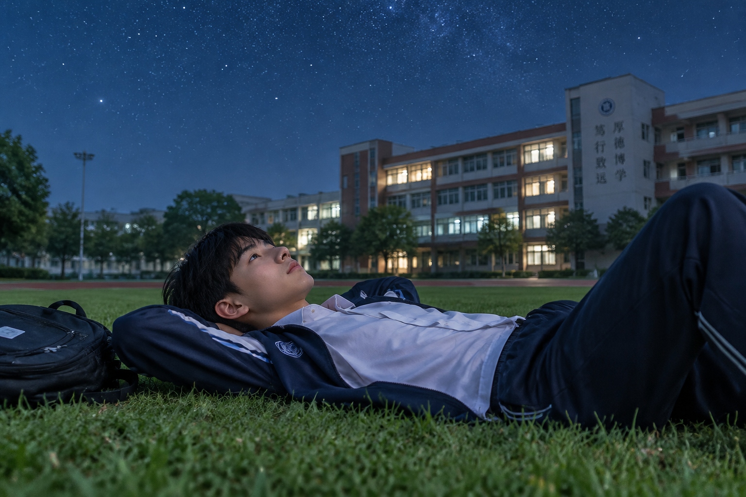 Chinese high school student lying on grass looking at stars during a short break from evening study