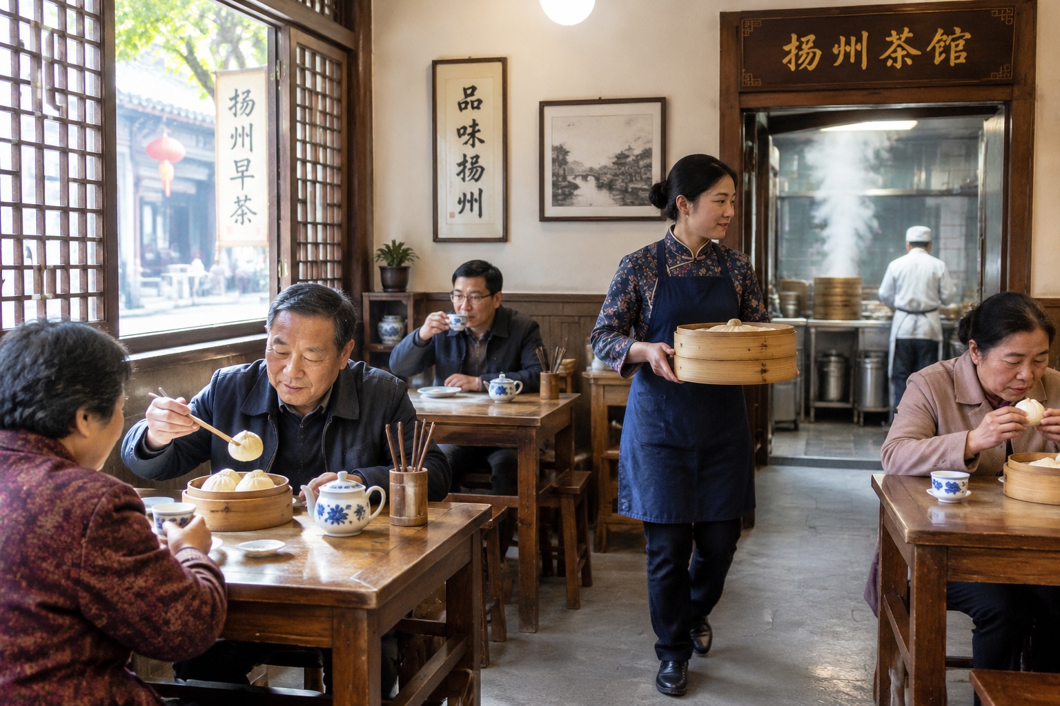 Local customers eating breakfast at a teahouse near the Grand Canal in Yangzhou, with bamboo steamers and wooden tables