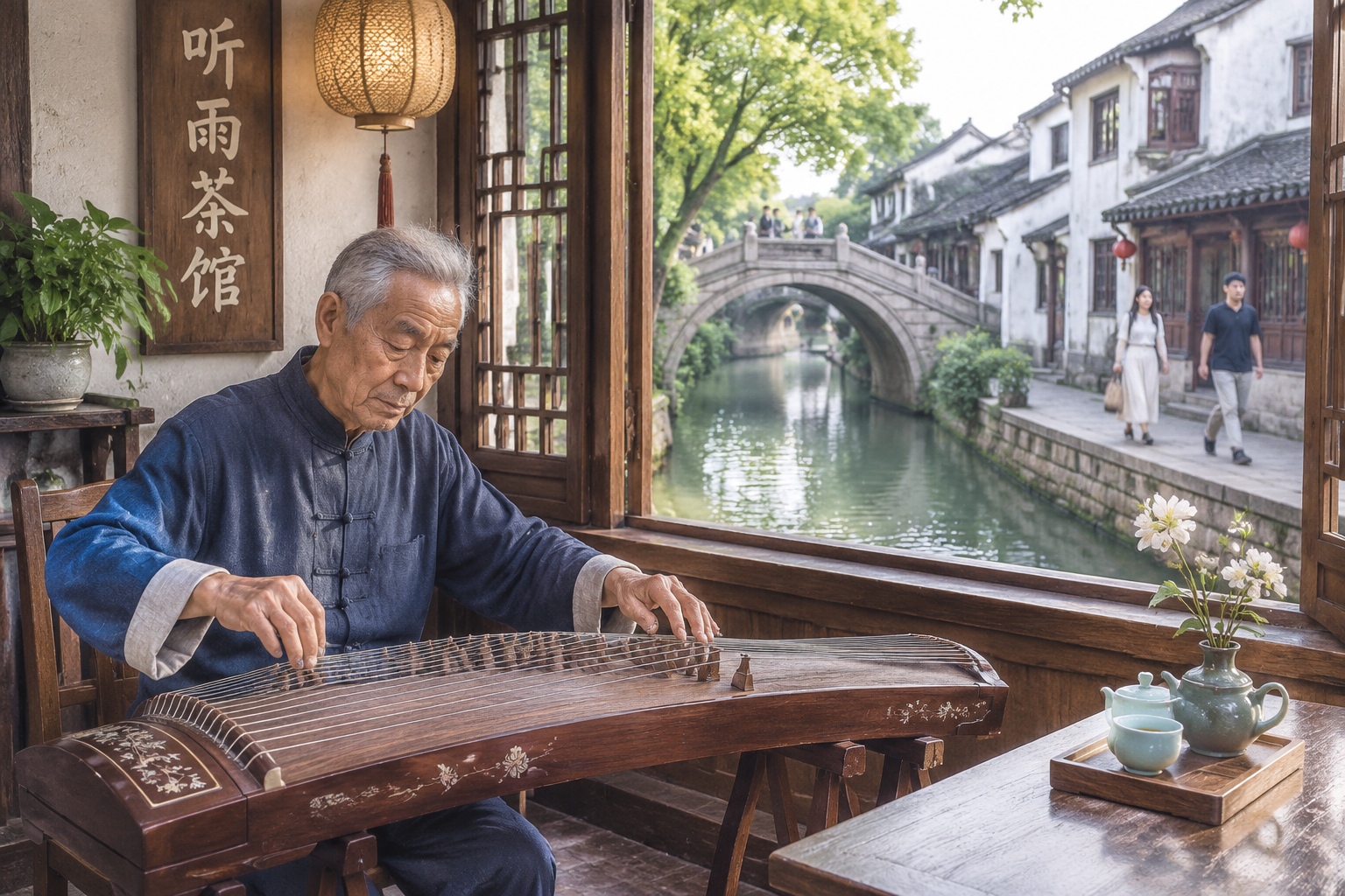 A pingtan musician performing near an open teahouse window above a canal in Suzhou's Pingjiang Road historic district