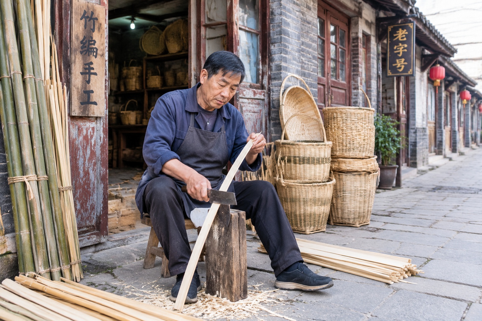 A craftsman splitting bamboo in front of a small workshop on Zhugan Alley in Jining, Shandong