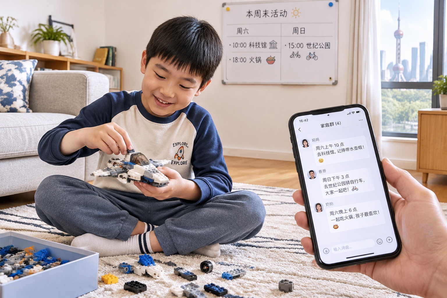 A Shanghai Dad's Dilemma: Should He Send His Son to a Confucian Classics Class? 22 A Chinese boy builds a LEGO spaceship on a living room floor while his father holds a phone with a busy parents' group chat open nearby