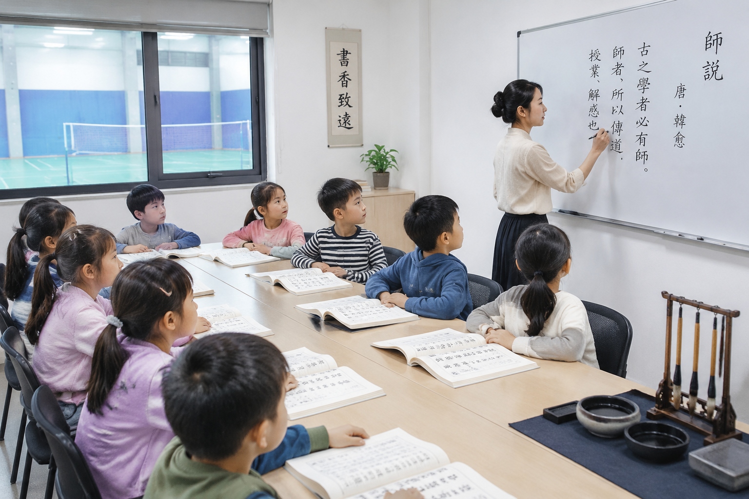 A Shanghai Dad's Dilemma: Should He Send His Son to a Confucian Classics Class? 23 Children in a Shanghai guoxue class read a Confucius passage from textbooks while their teacher writes classical Chinese characters on a whiteboard