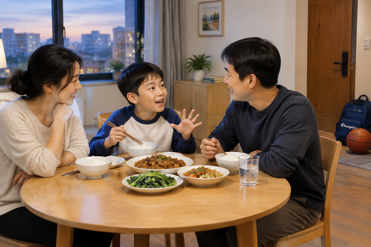 A Shanghai Dad's Dilemma: Should He Send His Son to a Confucian Classics Class? 24 A Chinese family talks over dinner at home in Shanghai as their young son explains something, with a school backpack and basketball by the door