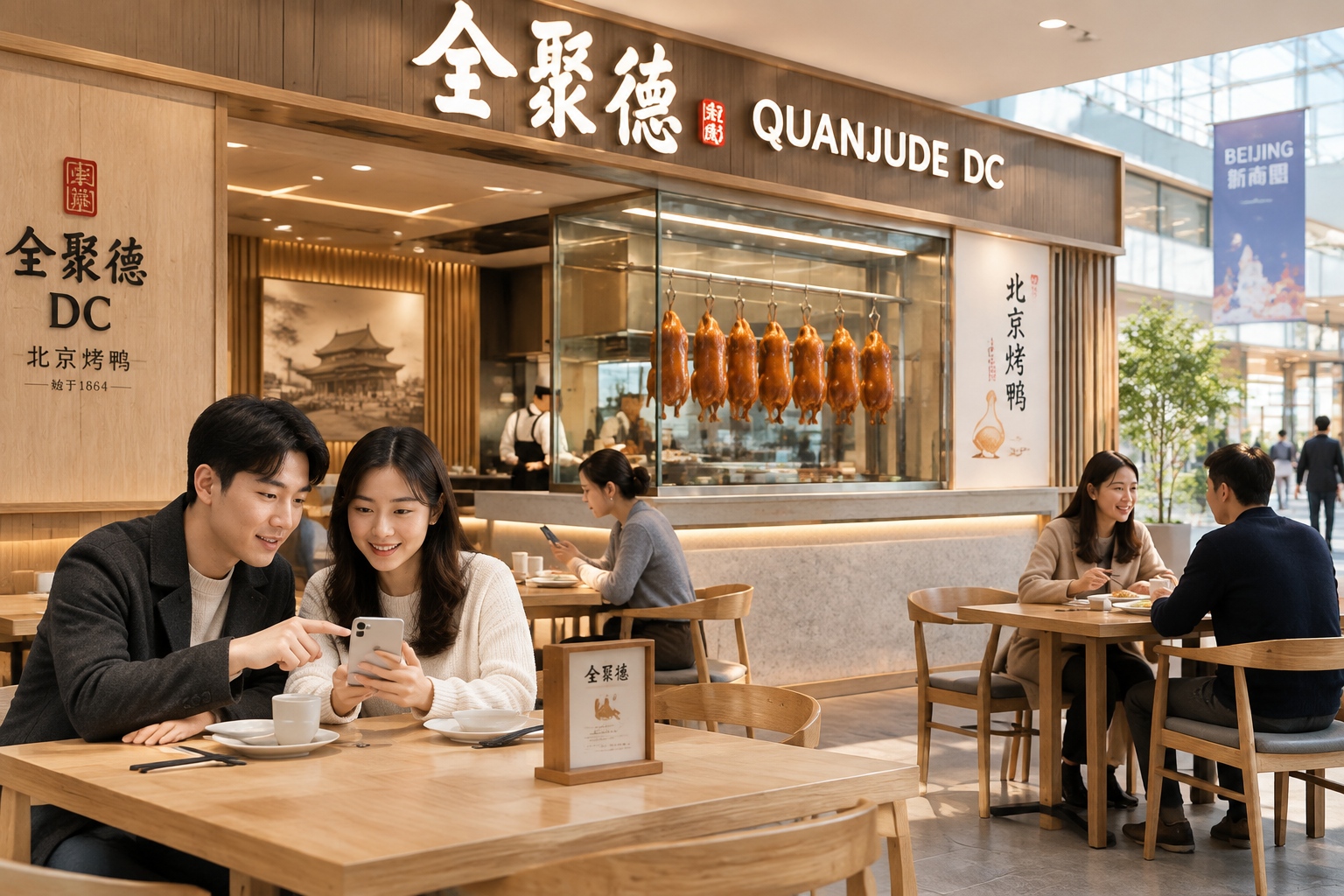 Young customers at a modern Quanjude branch in Beijing, sharing Peking duck and ordering on their smartphones