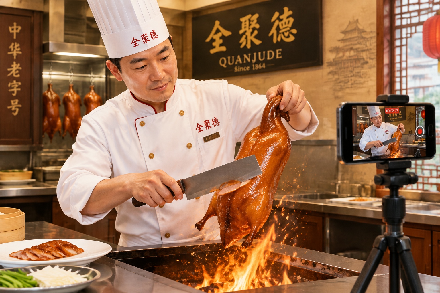 A Quanjude chef sliceting Peking duck while a diner films the moment for social media