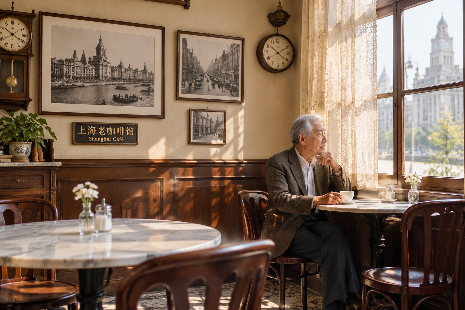 Old Shanghai café interior with vintage decorations and a senior gentleman by the window