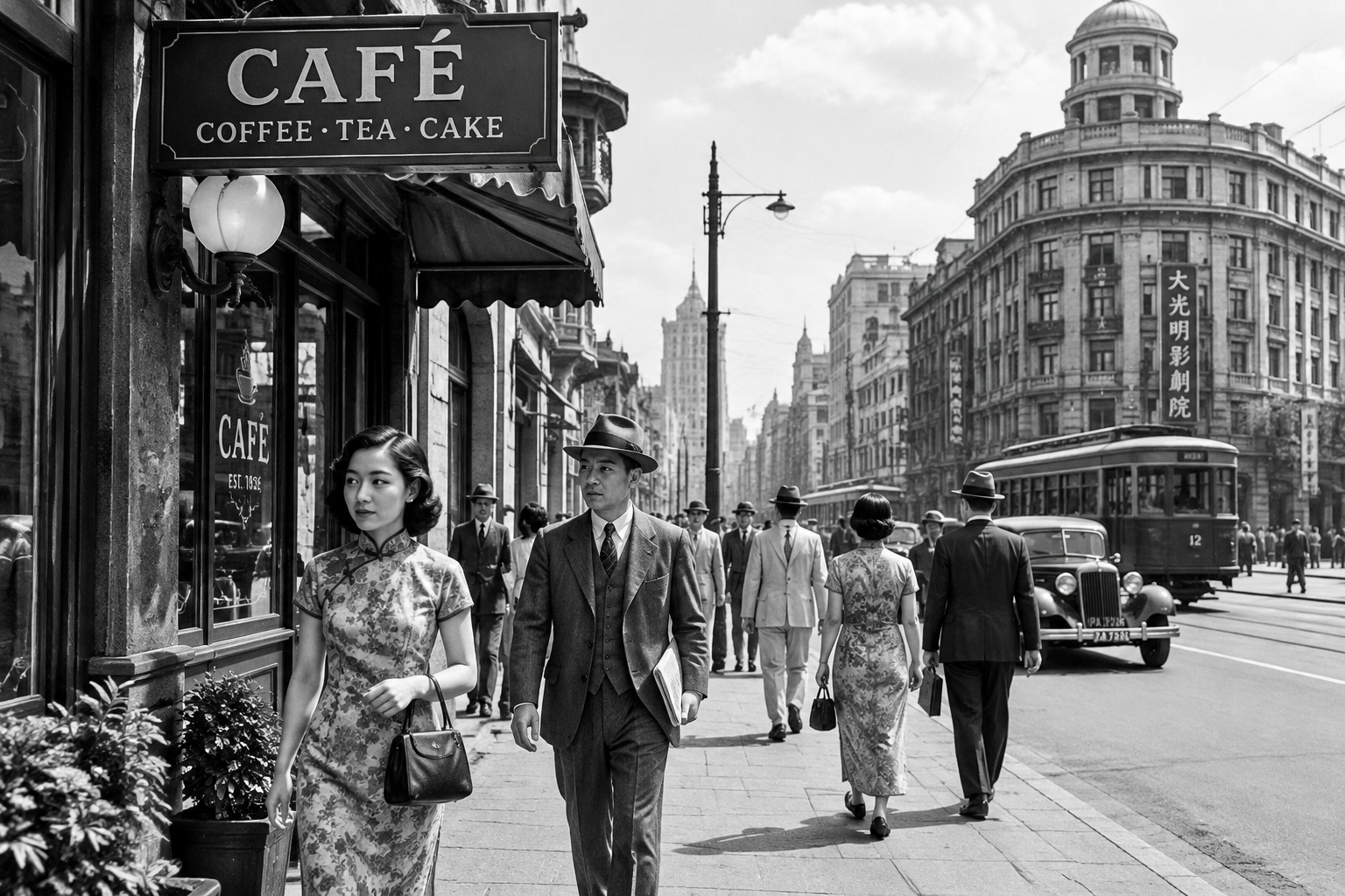 Historic Shanghai street scene from the 1930s with an old café sign