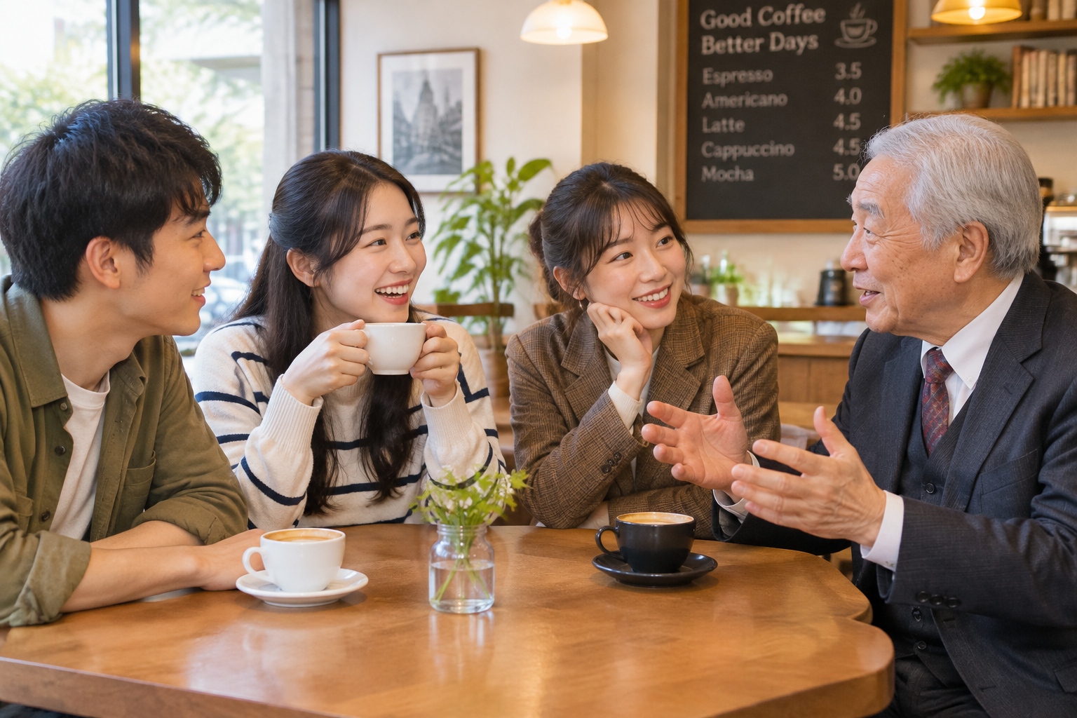 Young Shanghainese professionals talking with an elderly 'old clerk' in a coffee shop