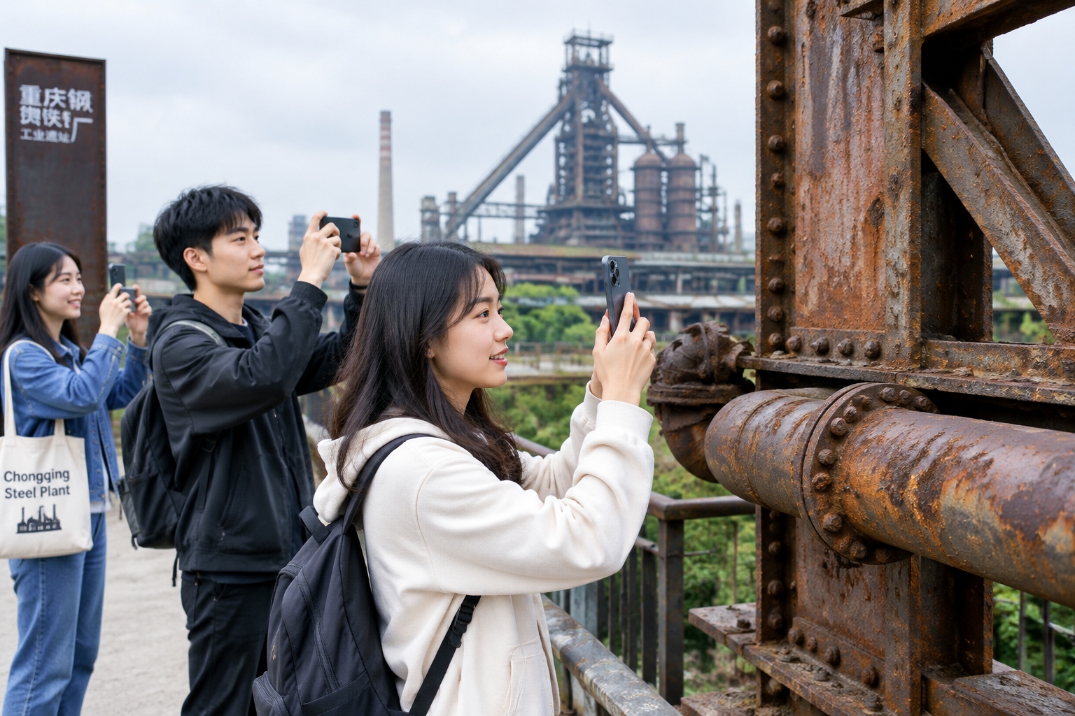 Visitors taking photos of rusted steel structures at the Chongqing Industrial Heritage Park in Dadukou