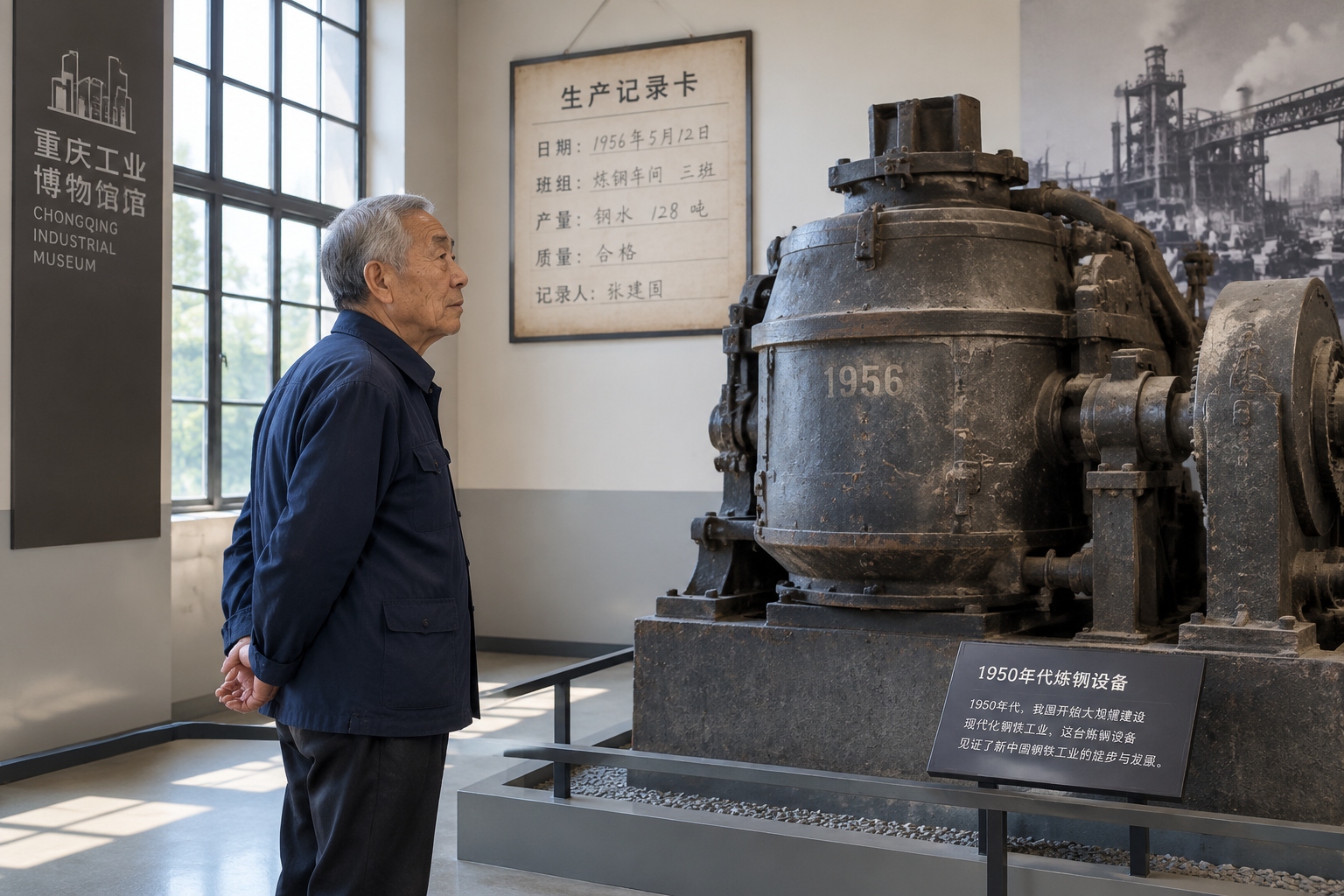 Elderly retired worker looking at an old steelmaking machine in the Chongqing Industrial Museum