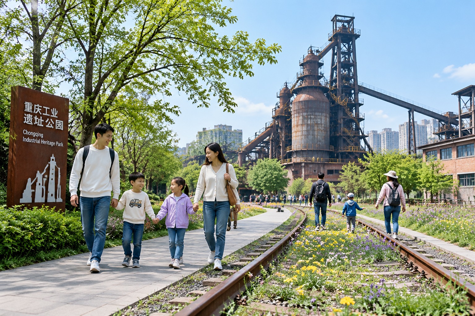 Families walking along a preserved railway track path at the Chongqing Industrial Heritage Park with the old furnace behind