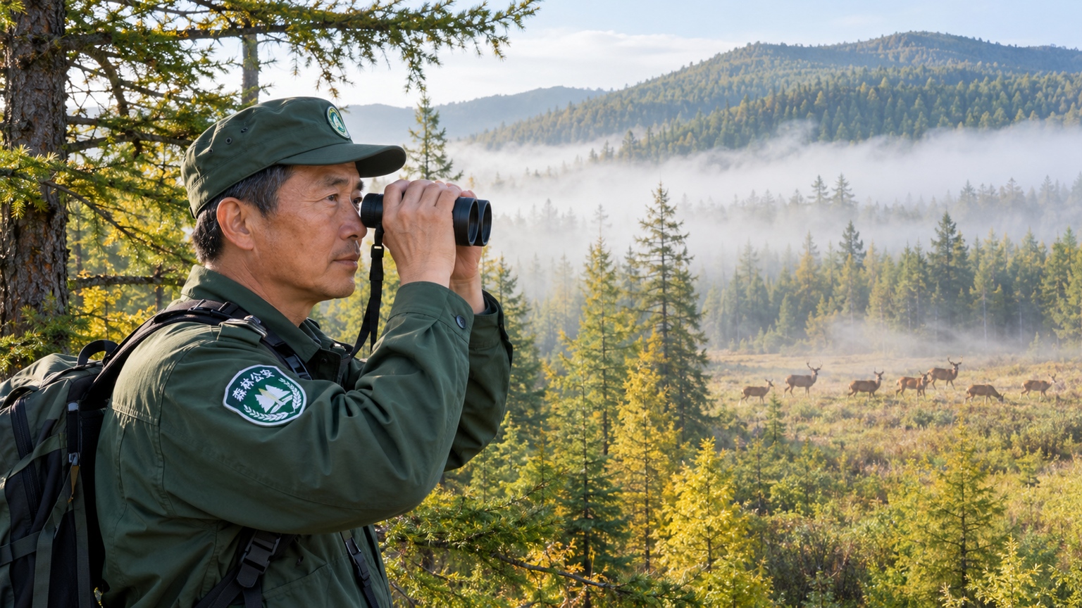 From Logging to Forest Guardians: The Green Shift in the Greater Khingan Range 22 Forest ranger Wang Jianguo observing wildlife with binoculars in the Greater Khingan Range