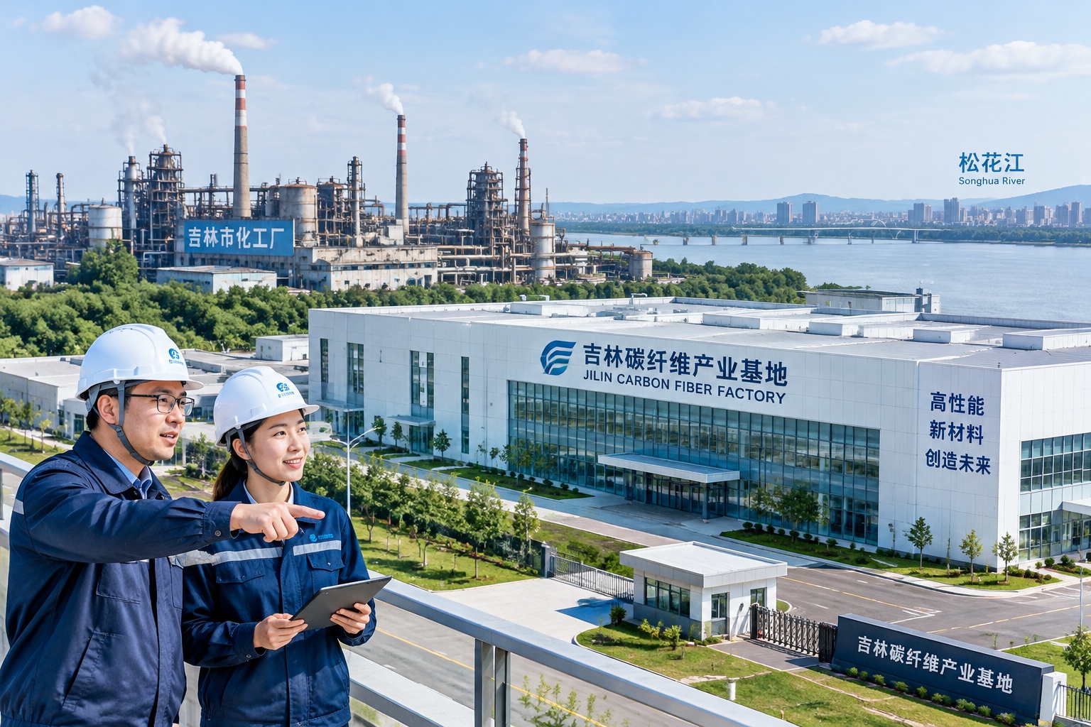 From Chemical Town to New Materials Hub: Jilin City's Makeover 22 Aerial view of Jilin City's carbon fiber industrial park showing new factories next to older chemical plants along the Songhua River